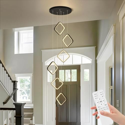 Jatwefiv Hohe Decke pendellampe Villa Treppe Große kronleuchter Moderner LED hängelampe Schwarzes Quadrat Dimmbare mit Fernbedienung Treppe Hängeleuchten für Wohnzimmer Treppenhaus,6lights