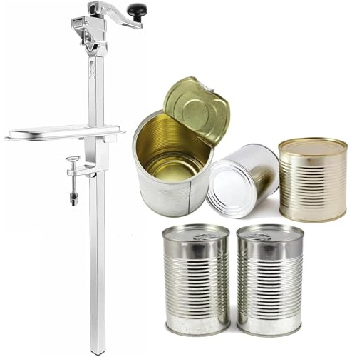 Abrelatas manual de acero inoxidable con altura ajustable, montado en mesa resistente para una fácil apertura de alimentos enlatados