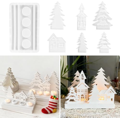 Gießformen Silikon Weihnachten,7 Stück Silikonform Haus Tannenbaum Set,Gießform Häuser,Silikonformen Kerzenhalter,Silikonform Tannenbaum,3D Kerze Weihnachtsdeko Silikonformen