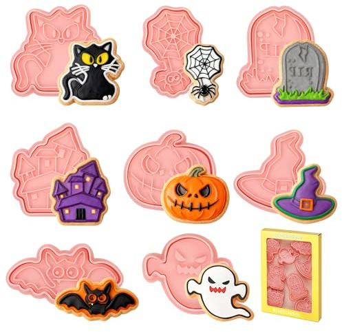 Moldes Galletas Halloween, 8 Piezas Cortadores de Galletas Niños, Plástico 3D Prensable DIY Moldes Interesantes Cookie Cutter para Decoración de Fiesta de Pastel, Fondant