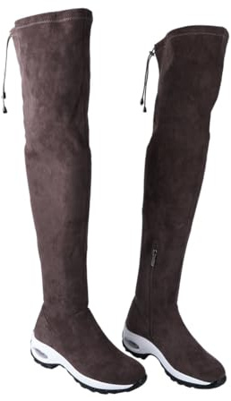 KOMBIUDA Botas De Mujer Deportivas Gamuza Elástica Gris, Botas Acolchado De Aire Para Otoño Invierno, over The Knee, Talla 42, Cálidas y Confortables Para Uso Diario