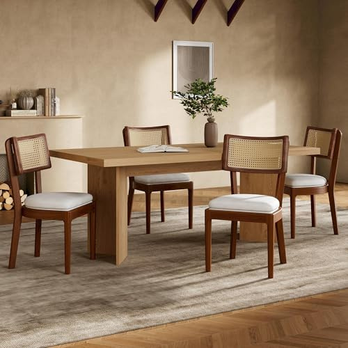 Merax 4er Set Esszimmerstühle Massivholz Esszimmerstuhl Rattan Rückenlehne Holzstuhl Wohnzimmerstuhl Küchenstuhl Café Leinen Sitzkissen, Atmungsaktiv & Bequem, Nussbaum