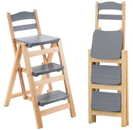 Escabeau pliable à 3 marches en bois – Gain de place, chaise portable pour la maison, le bureau, l'entrepôt, le comptoir – Design pliable multifonction pour un rangement facile