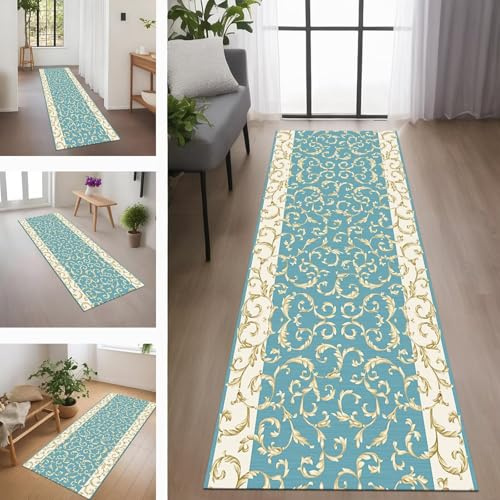 Rglxing Teppich Läufer Flur rutschfest absorbierend Küchenläufer Modern Waschbar Eingangsbereich Fußmatten 50X90CM Blau Braun Vintage Teppichläufer für Badezimmer Schlafzimmer Wohnzimmer Meterware