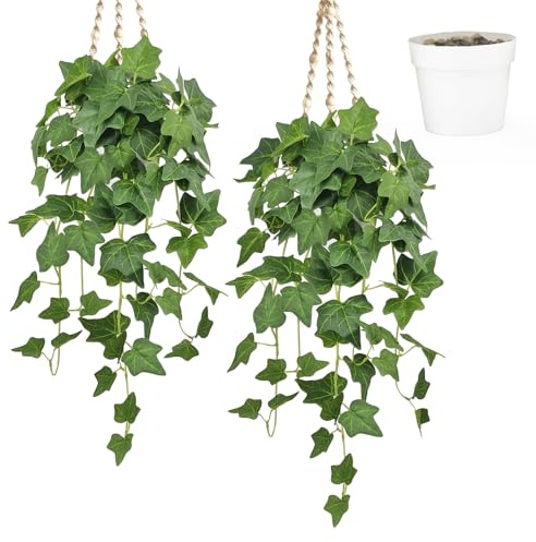 YMIFEEY 2 Stück Efeu Künstlich im Topf, Künstliche Hängepflanze mit Topf, Hängende Kunstpflanze Ivy Kunstefeu Künstliche Pflanze Hängend Wie Echt für Wand Regal Balkon Zimmer Deko