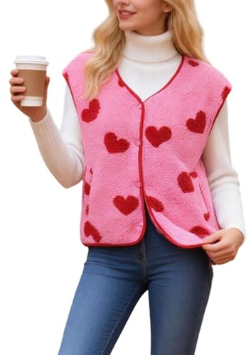 Felcia Damen-Fleeceweste, ärmellos, V-Ausschnitt, Druckknopfleiste, Cardigan, lockere Passform, flauschig, warm, Weste, Winter-Outwear