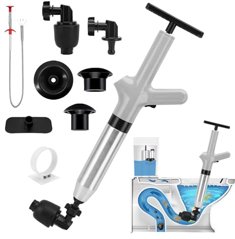 Toilet Unblocker Heavy Duty, Toilet Plunger Kit High Pressure Sink Unblocker Tools with 4 Replaceable Heads and Visual Barometer Drain Unblocker for Unblocking Toilets,Sink,Bathtub,Floor,Drain (Grey)