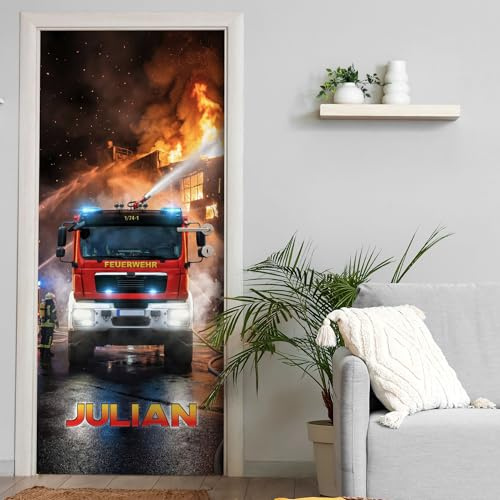 Türtapete selbstklebend | personalisiert mit Namen | 200 x 90 cm Feuerwehr Action | Tür Aufkleber Poster Türfolie | Einteilig | Wasserfest 3D Türaufkleber Wandtattoo Türposter Teenager