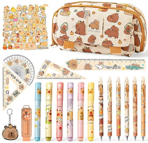 Capybara Schreibset 21 Teile, Süßes Federmäppchen mit radierbaren Gelschreibern, Textmarkern Linealen Radierern Stickern & Anhänger, Kawaii Schulbedarf Kinder, Geschenk Einschulung Geburtstag Weihnac