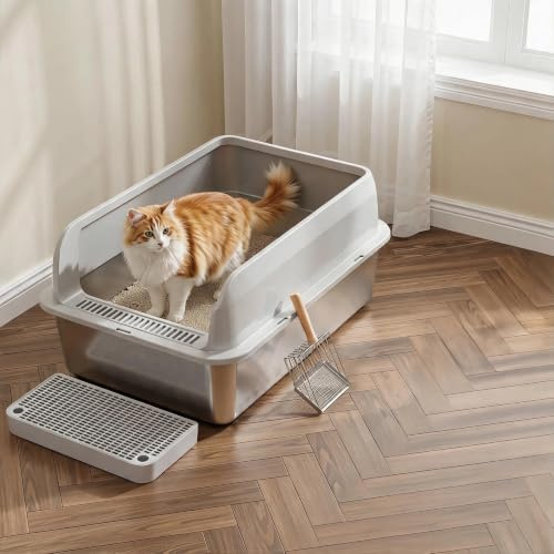 Klyvvo Lettiera Gatto Acciaio Inox, XXL Lettiera Gatto Aperta con Bordi Alti, Ingresso Basso, per Gatti Grandi senza Coperchio, Antigocce, Antifuga con Chiusura a Scatto, con Griglia