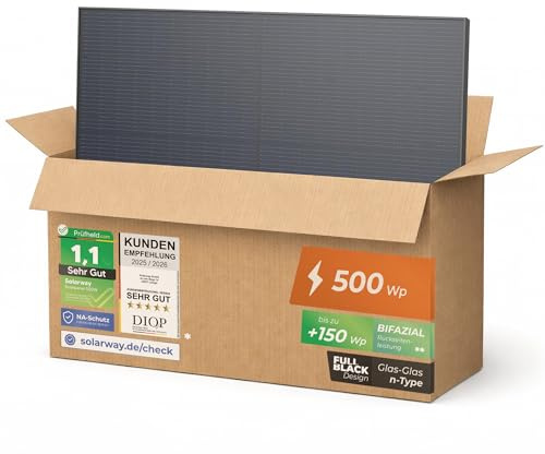 Solarway 500W Solarpanel Full Black Bifazial Glas/Glas PV Panel mit positiver Leistungstoleranz von 0-5 Watt, n-type, geeignet für Balkonkraftwerk (500W, 6 Panels)