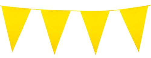 Gul flaggirlang 10 m av plast – stora vimplar 20 x 30 cm – väderbeständig girlang för inomhus och utomhus – slitstark och återanvändbar – festdekoration för födelsedag, bröllop och trädgårdsfest (gul)