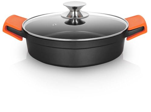 Orbegozo CDB 1024 Cacerola Baja Aluminio Forjado, 2.8 L, Superficie Antiadherente Libre de PFOA, Asas de Silicona, Tapa de Cristal Templado