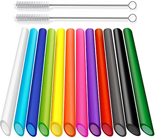 ALINK 12-Pack Reusable Boba Smoothie Straws, 13mm X 10.5 inch Extra Wide Bubble Tea Straws with 2 Cleaning Brush - Pointed Design
