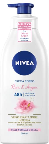 NIVEA Körpercreme Rosa und Argan Pump 500 ml, Körpercreme für normale und trockene Haut, feuchtigkeitsspendende Körpercreme mit Arganöl und Rosenduft