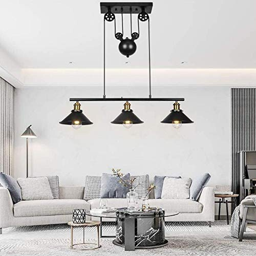 Vintage Industrielle Pendelleuchte Billard Kronleuchter E27 Pendellampe Aus Schwarzem Metall Riemenscheibe Rise And Fall Hängelampe Retro Deckenleuchte Für Esszimmer Loft Wohnzimmer Küche Café Foyer