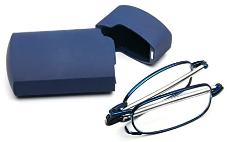 KoKoBin Lunettes de lecture pliables en acier inoxydable - Mini lunettes de lecture bleues pour homme et femme - Aide à la lecture avec étui rigide