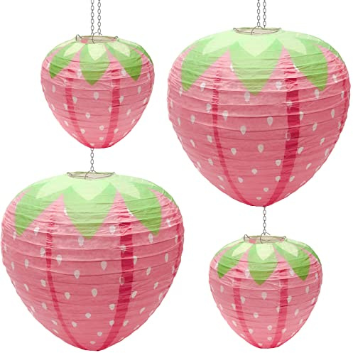 Windspeed 4 PCS Strawberry Paper Lantern Pink, Large Strawberry Lantern Decorations Hanging Paper Lantern for Strawberry Party Decor 3D Strawberry Paper Lanterns 8 inch, 12 inch