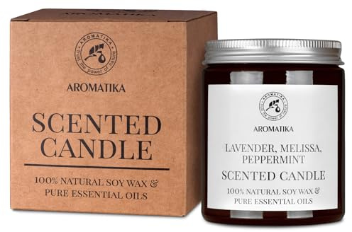 Duftkerze mit Ätherischem Öl Lavendel & Melisse & Pfefferminze 150 g - Aroma Kerze Natürlich - Sojakerze für Hause - Aromatherapie - Kerzen für Raumduft - Idee für Weihnachten - Geburtstag