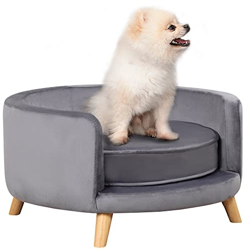 PawHut Hundesofa, Haustiersofa mit Samtoptik, Katzensofa mit Kissen, Hundebett, Hundecouch mit Erhöhtem Design, Hundesessel mit Holzbeine, Grau, 68 x 68 x 35 cm