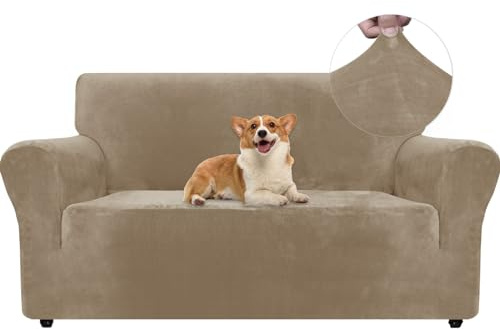 Ystyle Funda Sofá 2 Plazas, Funda Sofa Terciopelo, Fundas para Sofa Ajustable, Cubre Sofa Elastica, Protector Sofa Gatos Arañazo Y Perros Mascotas, Funda Sofá con Reposabrazos, Camello