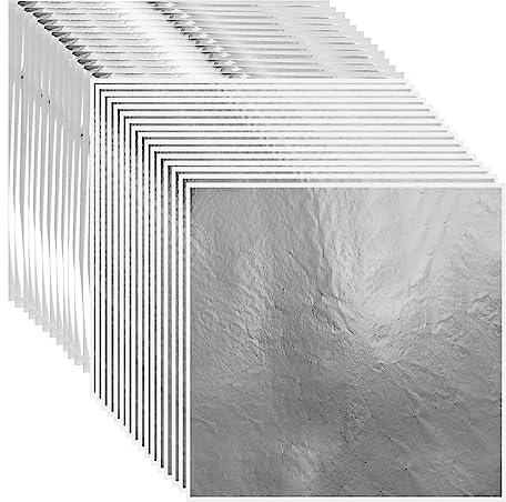 PLABBDPL 14x14cm Blattsilber Imitation Blatt 100 pcs für Kunst Projekt Handwerk Dekoration, Vergoldung Handwerk, DIY Kreation (Silber)