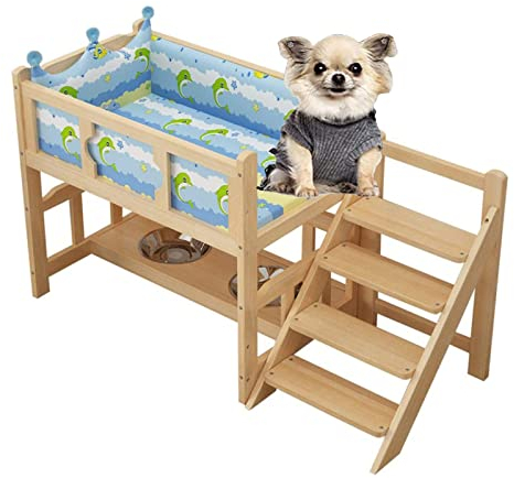 Hundebett 2-lagiges Haustierbett aus Holz, erhöhtes Hundebett, Hundemöbel mit Treppe und Geländer, Hundenapf für kleine und mittelgroße Haustiere, Holzrahmenbetten für Hunde, Haustier, Katze
