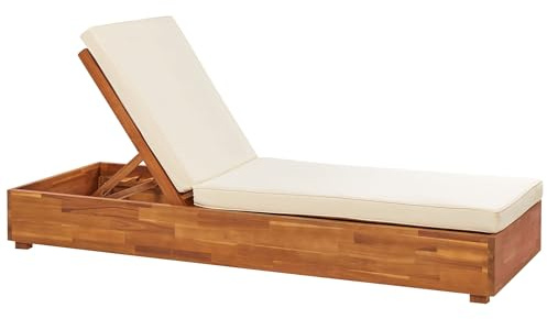 Beliani Transat de Jardin Inclinable en Bois d'Acacia Clair avec Coussins Blanc Cassé Fanano