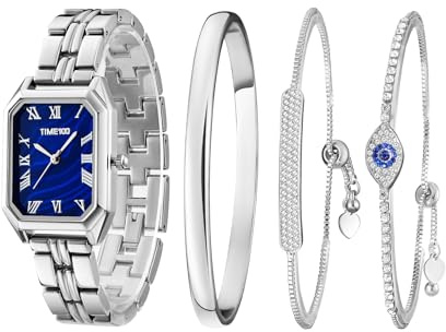 TIME100 Set Orologio Bracciale da Donna Elegante Orologio Donna Quadrante Rettangolare Impermeabile con Bracciale con Accenti di Cristallo Premium Argentato(Col.Argento&Blu)