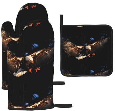 Set di 3 guanti e presine anti-scottatura con aquila calva 3D, per cucina, cottura e grigliata, regalo di Natale per la festa della mamma