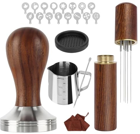 Coffee Tamper Set, 23PCS Coffee Accessories Barista Set with 51mm Espresso Tamper, Stirrer, Milk frother jug, Powder Shaker, Tamper Mat, Barista Towel, Latte Art Pen and 16 Decorative Stencils