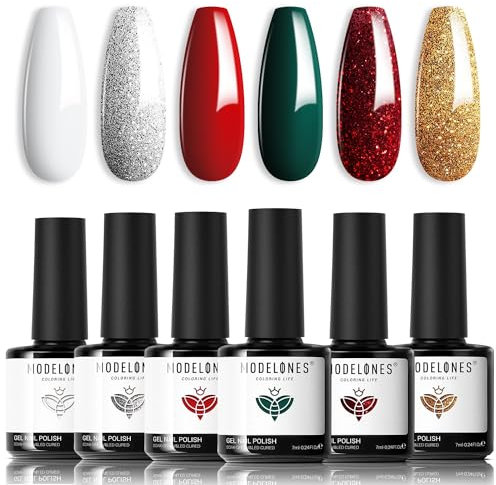 modelones UV Nagellack Weihnachten Rot Glitzer Grün Weiß Gel Nagellack Set Winter 6 Farben Soak Off Gel Nail Polish Nageldesigns,Gellack Nail Art Maniküre Salon