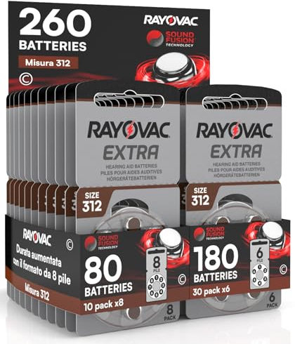 260 Rayovac Extra Size 312 PR41 (Brown) Piles pour appareils auditifs - 10 blisters de 8 et 30 blisters de 6 Piles