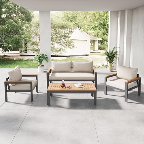 KecDuey Loungeset, Gartenmöbel-Set mit Rahmen aus verzinktem Stahl, (breites Set, 4-teiliges Esstisch-Set, 1x 2-Sitzer-Sofa, 2X Einzelstühle, 1x Tisch), Akazienholz Tischplatte und Armlehnen (Beige)