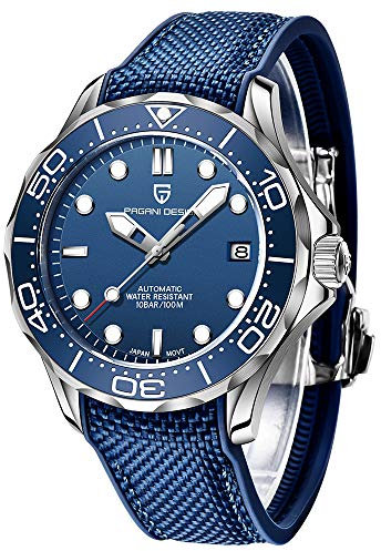 Pagani Design 1667 Herrenmode Automatik Taucheruhr NH35 Uhrwerk Drehbare Keramiklünette Wasserdicht Nylon Gummi Business Sport Selbstaufzug Uhr (Blau-Gummi)