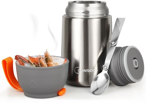 DUNSOO Thermobehälter für Essen 650ml | Wärmebehälter für Speisen Edelstahl mit Faltbaren Löffel | Thermo Lunchbox Ideal für die Aufbewahrung von Suppen, Brei, Eiscreme und Joghurt. (Grau, 650ml)