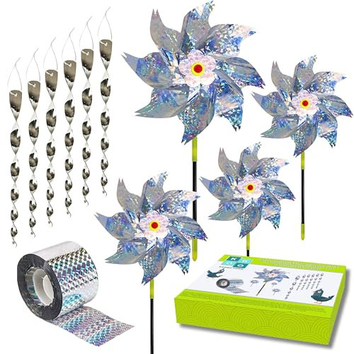 KOOBO HOME Kit Espantapájaros Exterior 3 en 1 – Ahuyentador de Palomas y Pájaros con Molino de Viento, Cinta Reflectante y Espirales – Protección Antipalomas para Balcón, Jardín y Huerto