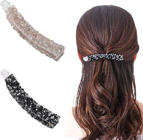2 Pezzi Fermagli a Banana, Fermagli per Capelli a Banana con Perle di Strass, Vintage a Forma di Coda Pesce per Coda di Cavallo, per Capelli Ricci e Grossi (Nero + Champagne)