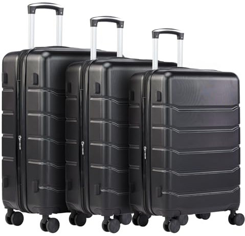 Sweetcrispy Kofferset 3tlg. Hartschalenkoffer ABS+PC Erweiterbar Koffer Reisekofferset Gepäck Rollkoffer Trolley Handgepäck Sets mit TSA Schloss und 4 Rollen (M L XL -Schwarz)