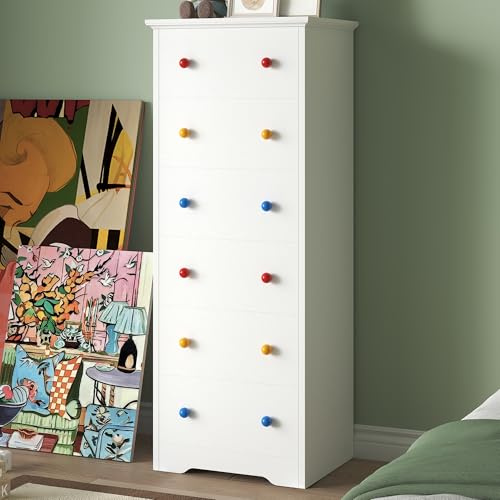 LIKIMIO Small Dresser Tall, 6 Drawer Tall Skinny Dresser with Colorful Handles, Chest of Drawers for Bedroom, 51.5 H Modern Wooden Floor Storage Cabinet with Metal Sliding Rail, White