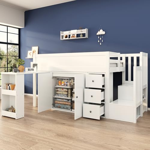 YESGIGA Kinderhochbett, Multifunktionales Kinderbett, Mit Ausziehbarem Schreibtisch Und Seitlichem Ablagefach, Mit Schrank, Mit Schublade, Mit Treppe Und Treppenschrank, Weiß 90x200cm