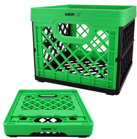 GRIP Bac de rangement pliable empilable, Grn, 22,7 l – Dimensions : 33 x 33 x 27,9 cm – Caisse à lait – Capacité : 22,7 kg – Plastique robuste – Caisse pliable pour articles de sport, jouets, jouets