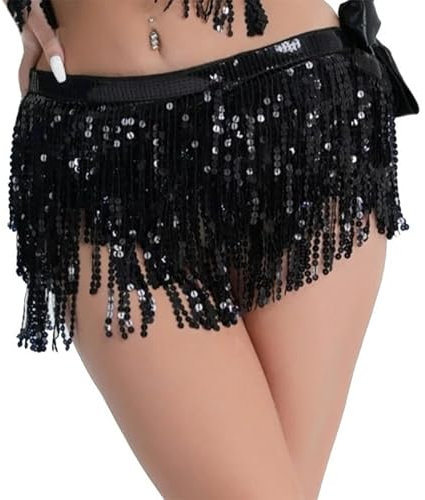 Crepundia Damen Bauchtanz Hüfttuch, Bauchtanzrock, Taillenkette, Funkelnde Pailletten, Quasten, Hüfttuch mit Fransen, Wickelrock, Kurze Röcke, Party-Outfit for Frauen(Black)
