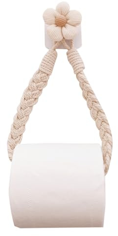 Macrame Toilet Paper Holder – Boho Woven Hanging Tissue Holder with Floral Design, no-Drill Adhesive Mount, Perfect for Rustic, Farmhouse, Boho, or Beach-Themed Bathroom décor.