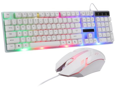 SHINEOFI Ensemble clavier et souris filaire pour joueurs et utilisateurs de bureau - Clavier d'ordinateur USB de couleur blanche et souris USB avec rétroéclairage coloré - Design robuste