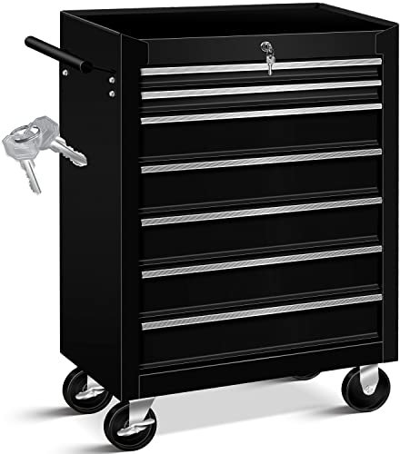MASKO® carro de taller – 7 cajones, color negro, con cerradura, metal macizo, móvil sin herramientas, profesional de taller sin equipamiento, carrito con ruedas