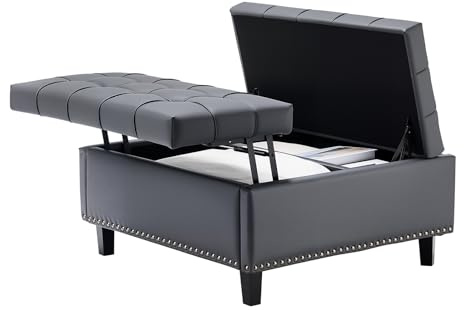 VEVOR 79 cm fyrkantig läderottoman med förvaring, stoppad tuftad knapp soffbord ottoman med lyfttopp och flip-design, PU-läder hög densitet svamp för vardagsrum, sovrum, sovsal, grå