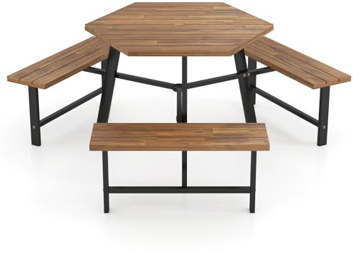 GIANTEX Picknicktisch Set für 6 Personen, Gartentisch aus Akazienholz mit Schirmloch, 3 Bänken & Metallgestell, Wetterfester Esstisch, Campingtisch, Multifunktionstisch für Terrasse, Garten