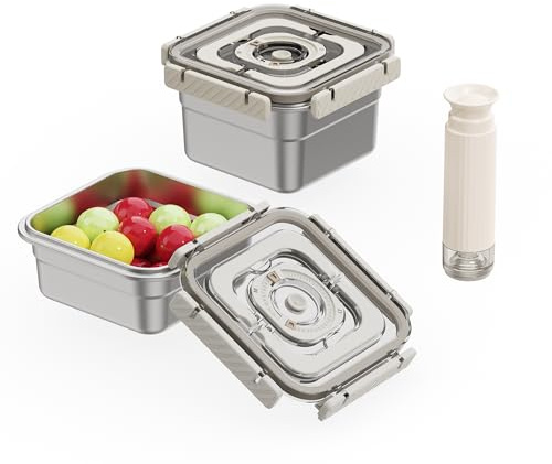 Annalocker Sistema Sottovuoto Acciaio Inox con Pompa Manuale - Set da 2 Contenitori in Acciaio Inox (1250ml+1850ml) - Ermetici per Dispensa, Congelatore e Portavivande - BPA Free, Impilabili