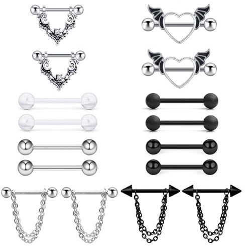DAVBNM 8 Pairs Nipple Piercing Jewellery, 14G Nipple Bars, Bar Piercing Tongue Bar Nipple Bar, Surgical Steel Nipple Jewellery Body Piercing for Women（Black）